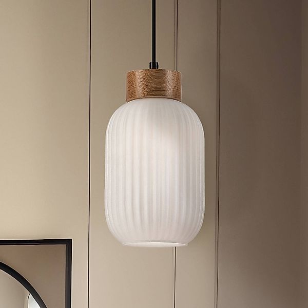 Hängeleuchte Harmony, Ø 14 cm, weiß/eiche, Glas/Holz günstig online kaufen