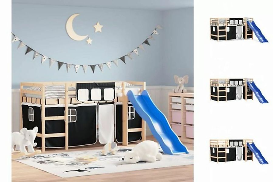vidaXL Kinderbett Kinderhochbett mit Vorhängen Weiß Schwarz 90x200 cm Kiefe günstig online kaufen