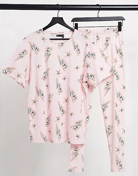 ASOS DESIGN – Rosa Pyjama-Set aus Oversize-T-Shirt und Leggings mit Blitz-M günstig online kaufen