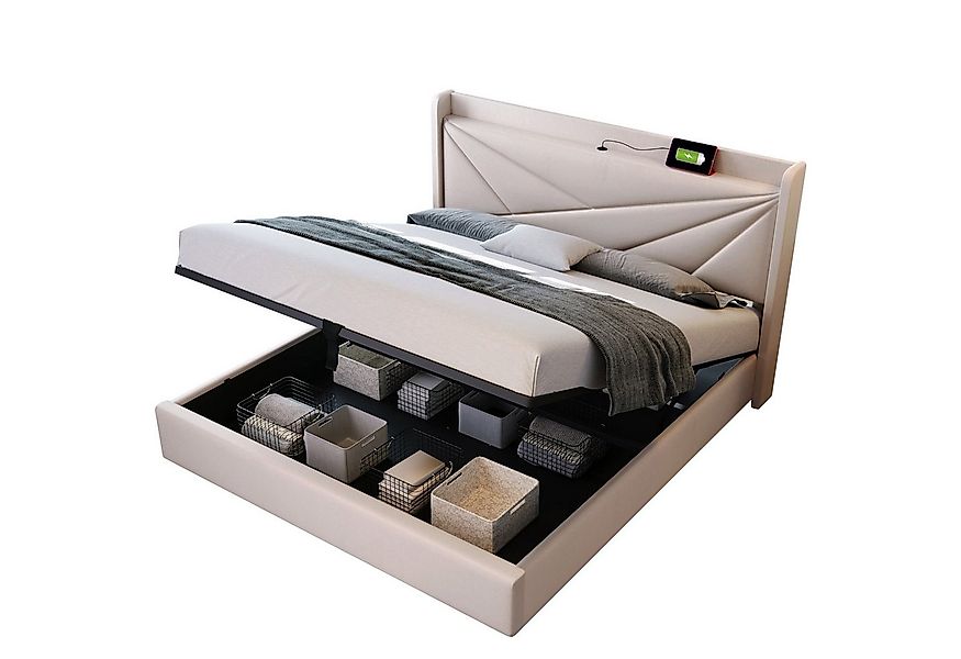 Flieks Polsterbett, Massivholz Stauraumbett mit USB/Typ-C Ladeanschluss 140 günstig online kaufen