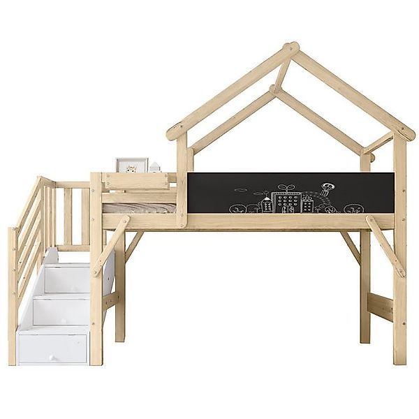 SOFTWEARY Hochbett mit Lattenrost und Treppe (90x200 cm) Kinderbett mit Rau günstig online kaufen