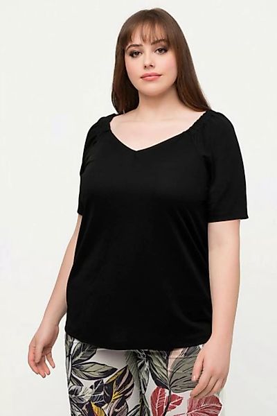 Ulla Popken Rundhalsshirt Shirtbluse Kräuselungen V-Ausschnitt Halbarm günstig online kaufen