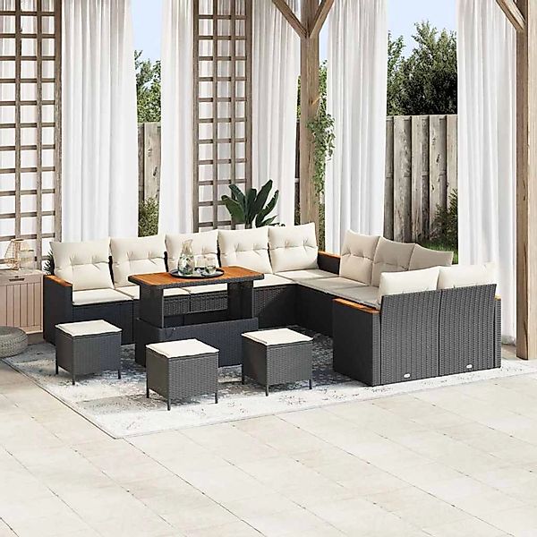 vidaXL 14-Teiliges Garten Sofa Set mit Kissen Schwarz Poly Rattan Akazie 33 günstig online kaufen