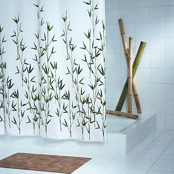 home24 Grund Duschvorhang Bambu Weiß/Grün Kunstfaser 180x200 cm (BxH) günstig online kaufen