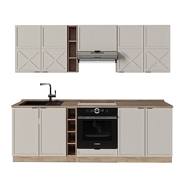 Vicco Fame-Line Küchenzeile GrauBeige/Goldkraft Eiche 235 cm ohne Arbeitspl günstig online kaufen