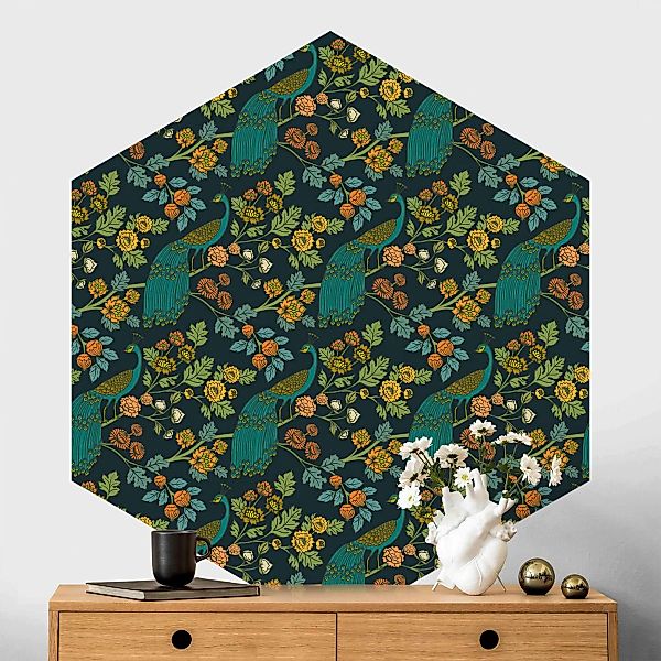 Hexagon Tapete selbstklebend Bunter Pfauengarten günstig online kaufen