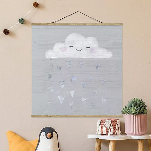Stoffbild Kinderzimmer mit Posterleisten - Quadrat Wolke mit silbernen Herz günstig online kaufen