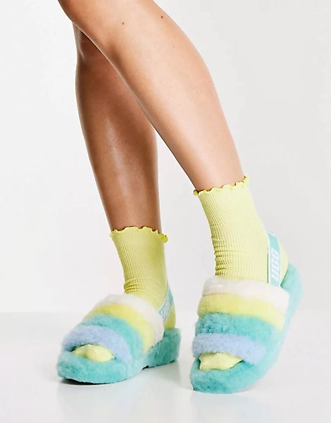 UGG – Fluff Yeah – Flache Sandalen in bunten Gezeitenpool-Farben-Grün günstig online kaufen