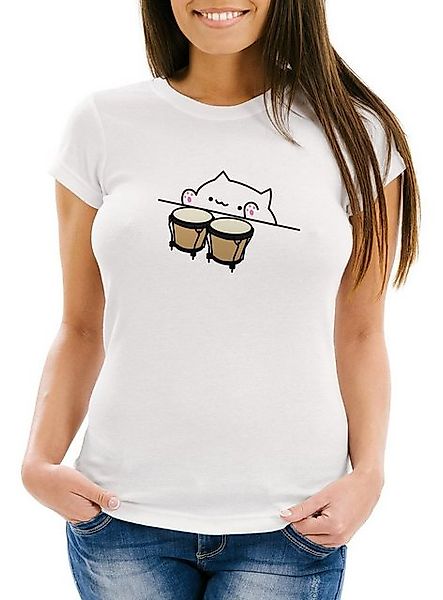 MoonWorks Print-Shirt Bongo Cat Damen T-Shirt Meme Slim Fit Moonworks® mit günstig online kaufen