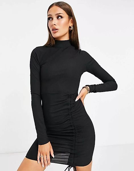 Missguided – Schwarzes Minikleid mit hohem Halsausschnitt und Raffung vorne günstig online kaufen