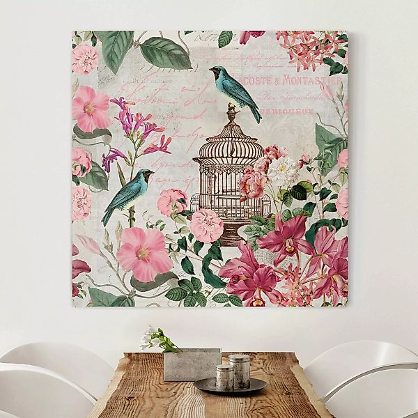 Leinwandbild Shabby Chic Collage - Rosa Blüten und blaue Vögel günstig online kaufen