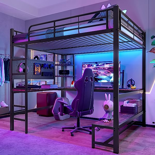 Flieks Hochbett Metallbett 140x200cm mit LED-Leiste, günstig online kaufen