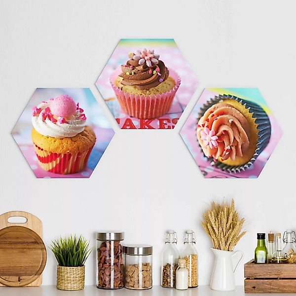 3-teiliges Hexagon-Alu-Dibond Bild Bunte Cupcakes günstig online kaufen