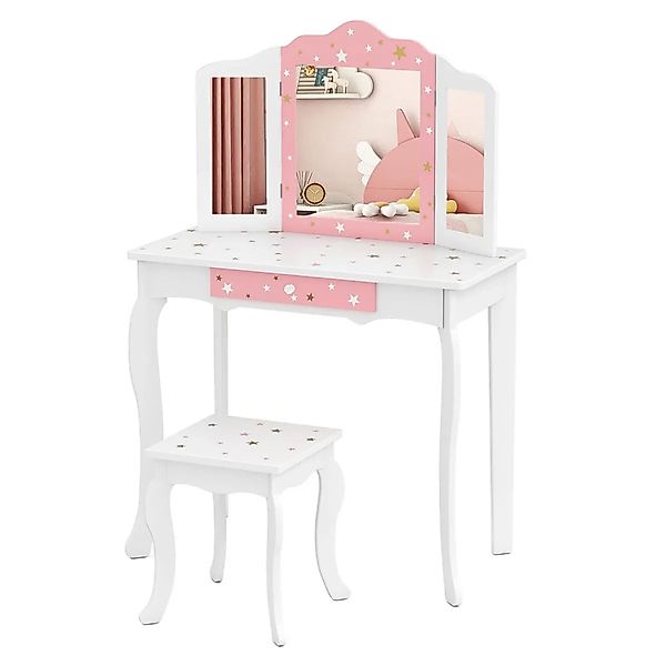 Costway Kinder Schminktisch mit 3-Fach Klappbarem Spiegel Weiß günstig online kaufen