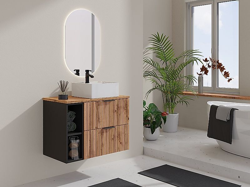 Waschbeckenunterschrank hängend mit Ablagen & Aufsatzwaschbecken quadratisc günstig online kaufen