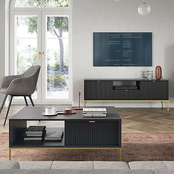 Wohnmöbel Set schwarz, Fußgestell goldfarben, NEWCASTLE-160, 2-teilig inkl. günstig online kaufen