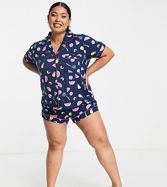 Chelsea Peers Plus – Kurzer Pyjama in Marineblau mit Ananas- und Tukan-Prin günstig online kaufen