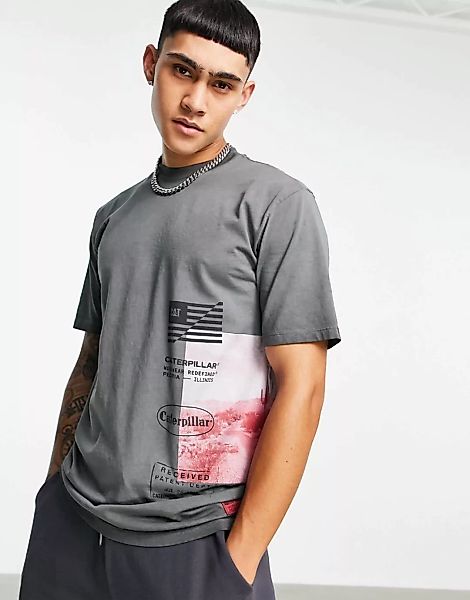 Caterpillar – Workwear – T-Shirt in Grau mit seitlichem Wüstenprint günstig online kaufen