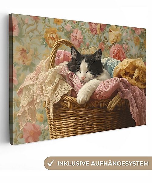 OneMillionCanvasses® Leinwandbild Katze - Blumendruck - Weidenkorb, Fotodru günstig online kaufen