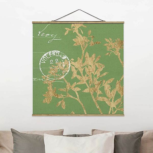 Stoffbild Blumen mit Posterleisten - Quadrat Goldene Blätter auf Lind II günstig online kaufen