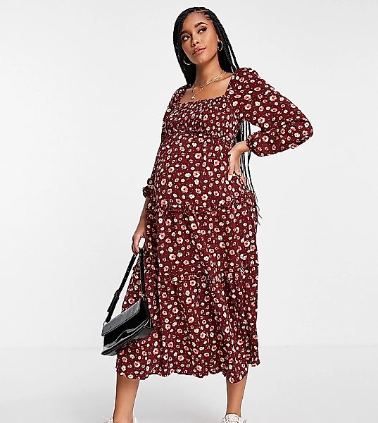 Missguided Maternity – Gestuftes, wadenlanges Kleid in Burgunderrot mit Blu günstig online kaufen