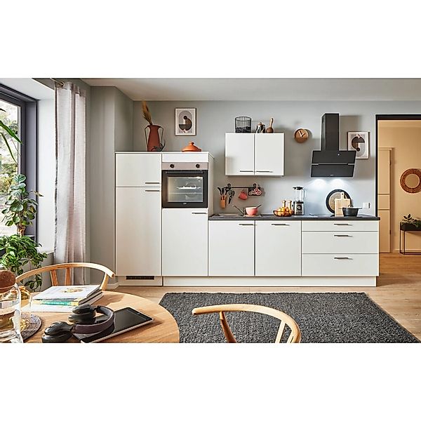 pino Küchenzeile 310 cm Weiß Anschlag,inks 2 Geräteschränke günstig online kaufen