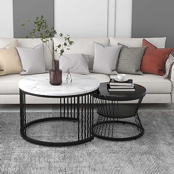 2er-Set Couchtische, MDF mit stabilem Metallrahmen, 70x70x45 cm, Schwarz günstig online kaufen