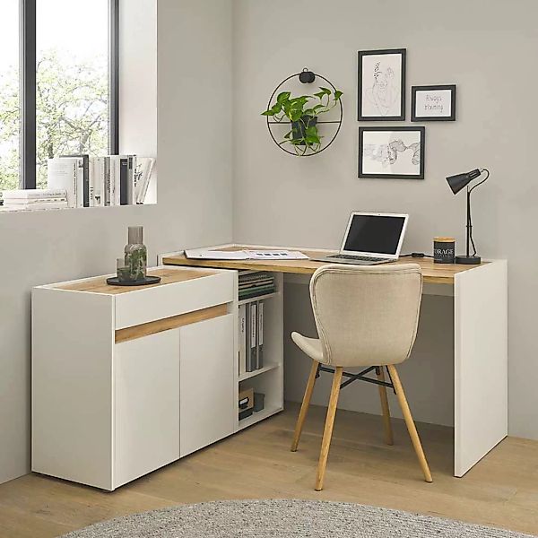 Schreibtischecke in modernem Design Weiß und Wildeichefarben (dreiteilig) günstig online kaufen