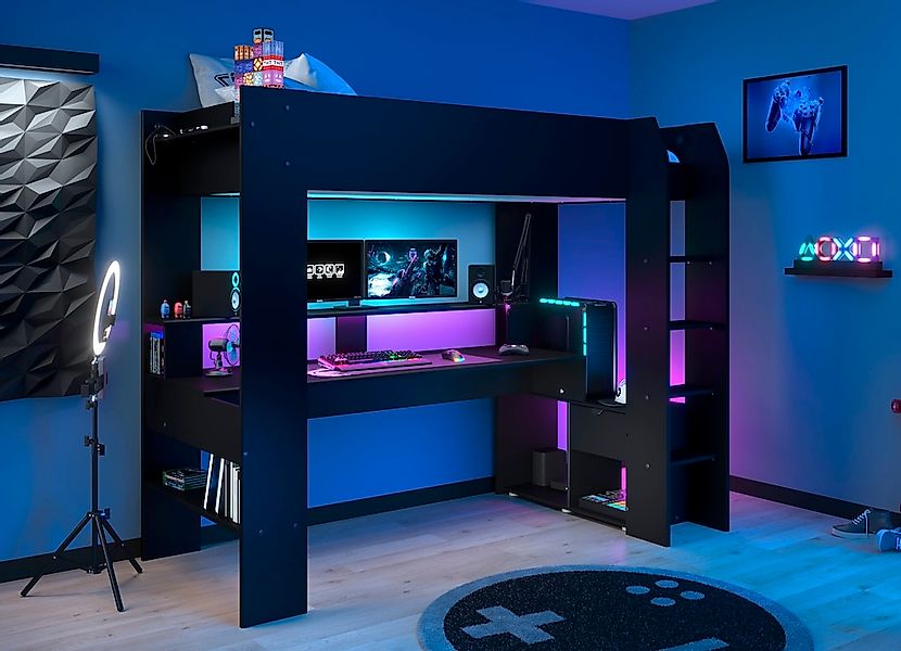Parisot Hochbett "Gaming-Bett, mit Schreibtisch, USB Anschluss, LED, viel S günstig online kaufen