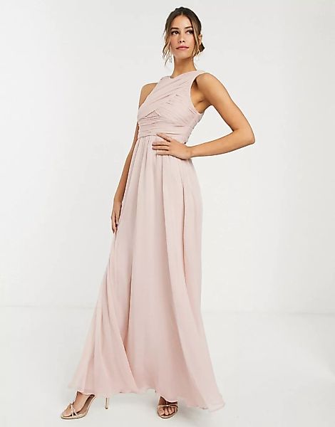ASOS DESIGN – Langes Brautjungfern-Kleid mit weich plissiertem Oberteil-Ros günstig online kaufen