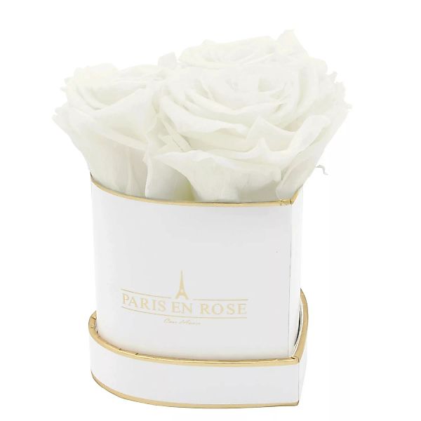 Rosenbox Herz Weiß-Gold mit 3 Weißen Rosen günstig online kaufen