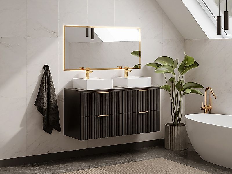 Waschbeckenunterschrank hängend mit Aufsatzplatte - Streifenoptik - Schwarz günstig online kaufen