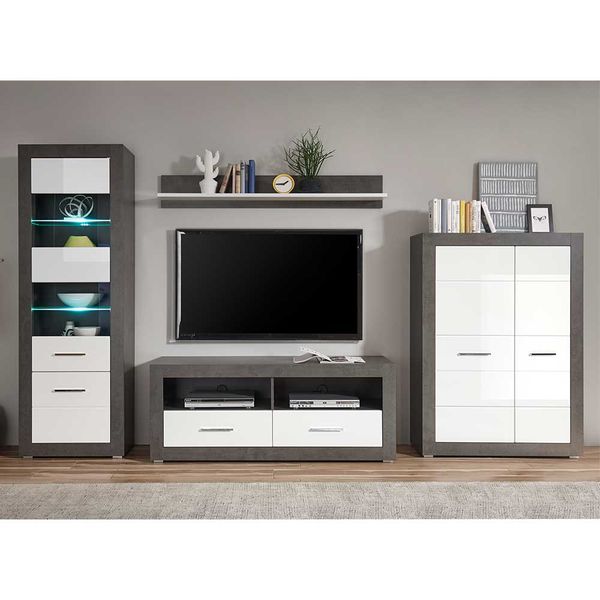 Wohnzimmer Schrankwand in Weiß Hochglanz und Beton Grau 315 cm breit (viert günstig online kaufen
