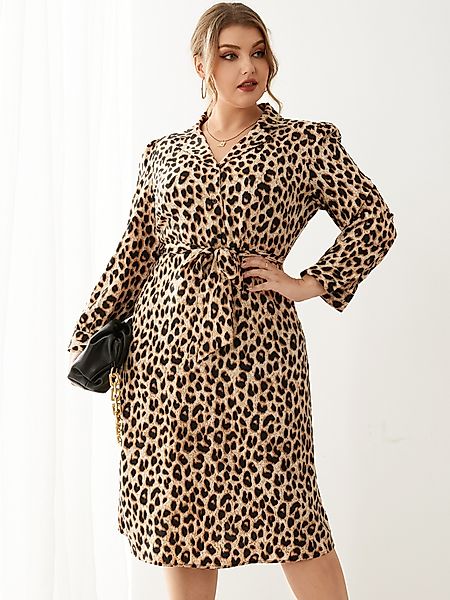 YOINS Plus Größe Revers Kragen Leopard Gürtel Design Lange Ärmel Midi Kleid günstig online kaufen