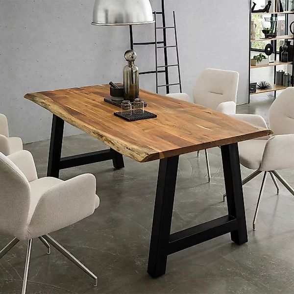 Tisch mit Baumkante im Industry und Loft Stil Akazie Massivholz und Metall günstig online kaufen
