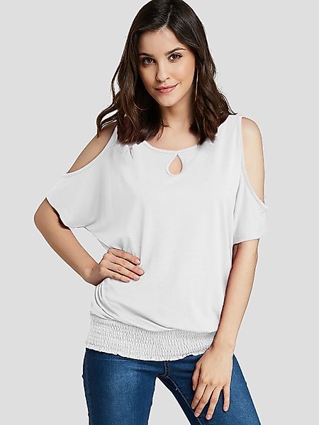 Weißer kalter Schulter-Smocking-Saum-T-Shirt günstig online kaufen