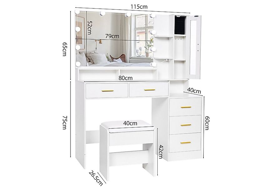BEWISHOME Schminktisch mit Spiegel und Hocker, fünf Schubladen, 115x40x140c günstig online kaufen