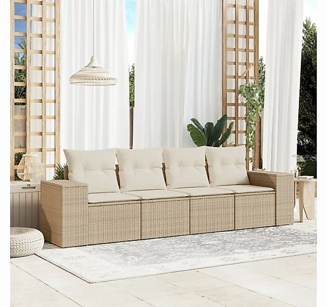 vidaXL Loungesofa 4-tlg. Garten-Sofagarnitur mit Kissen Beige Poly Rattan, günstig online kaufen
