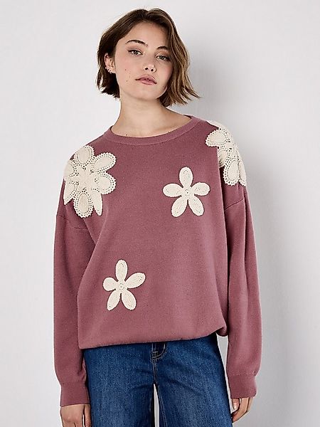 Apricot Rundhalspullover Strickpullover mit großen aufgestickten Blüten günstig online kaufen