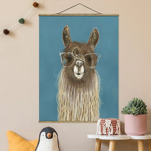 Stoffbild Tiere mit Posterleisten - Hochformat Lama mit Brille III günstig online kaufen