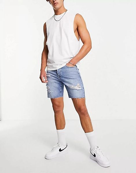 Topman – Jeansshorts in mittlerer Waschung mit schmalem Schnitt und Zierris günstig online kaufen