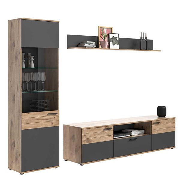 Wohnzimmer Anbauwand in Wildeichefarben und Grau 200 cm hoch (dreiteilig) günstig online kaufen