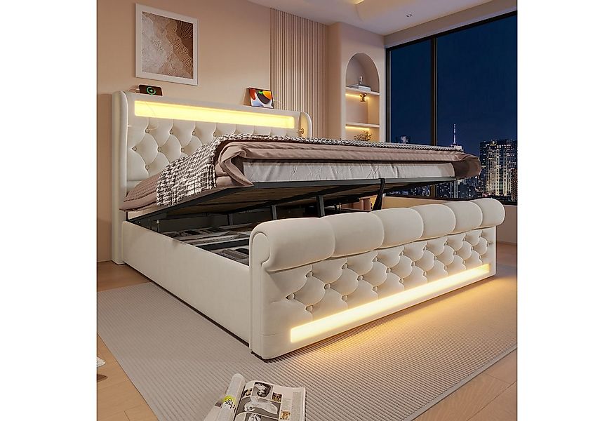 Flieks Polsterbett, Hydraulisches Stauraumbett 140x200cm mit LED Beleuchtun günstig online kaufen