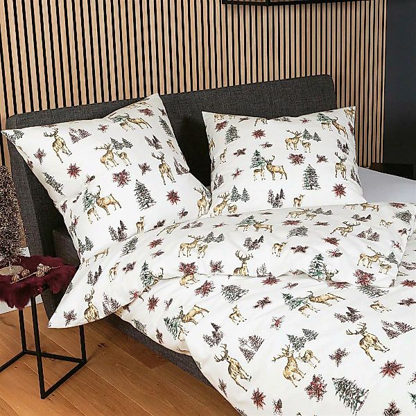 Janine Feinbiber Bettwäsche Davos 65150-07 Hirsch Tanne Weiß 135x200 günstig online kaufen
