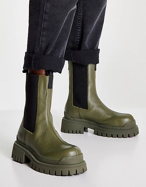 Topshop – Ace – Chelsea-Stiefel aus Leder in Khaki mit dicker Sohle-Grün günstig online kaufen