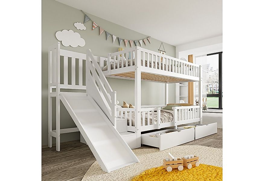 Flieks Etagenbett, Kinderbett Etagenbett mit 2 Schubladen, Rutsche und Trep günstig online kaufen