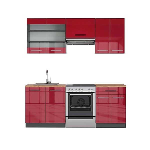 Vicco Fame-Line Küchenzeile Bordeaux Hochglanz/Anthrazit 200 cm AP Eiche günstig online kaufen