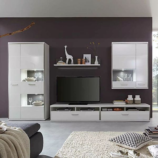 Wohnzimmer Schrankwand in Weiß Hochglanz 350 cm breit (fünfteilig) günstig online kaufen