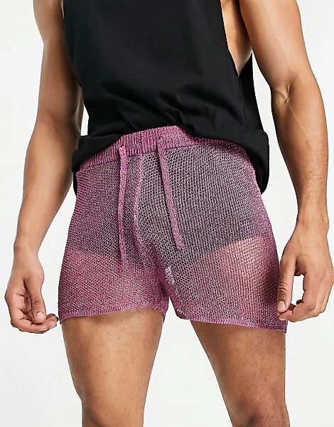 ASOS DESIGN – Gestrickte Metallic-Shorts in Lila, Kombiteil günstig online kaufen