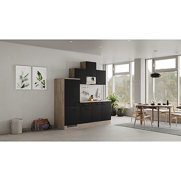 Flex-Well Exclusiv Küchenzeile Capri 210 cm Schwarz Matt-Endgrain Oak günstig online kaufen